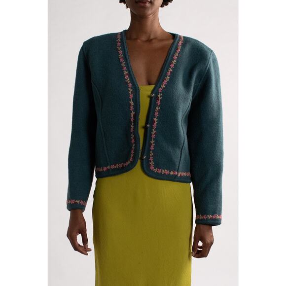 Vintage Wool Teal Floral Cardigan - Picture 1 of 5
